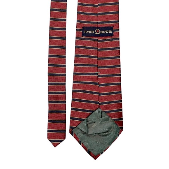 TOMMY HILFIGER 100% Silk Tie Red Blue and Gold Stripes - Picture 4 of 8